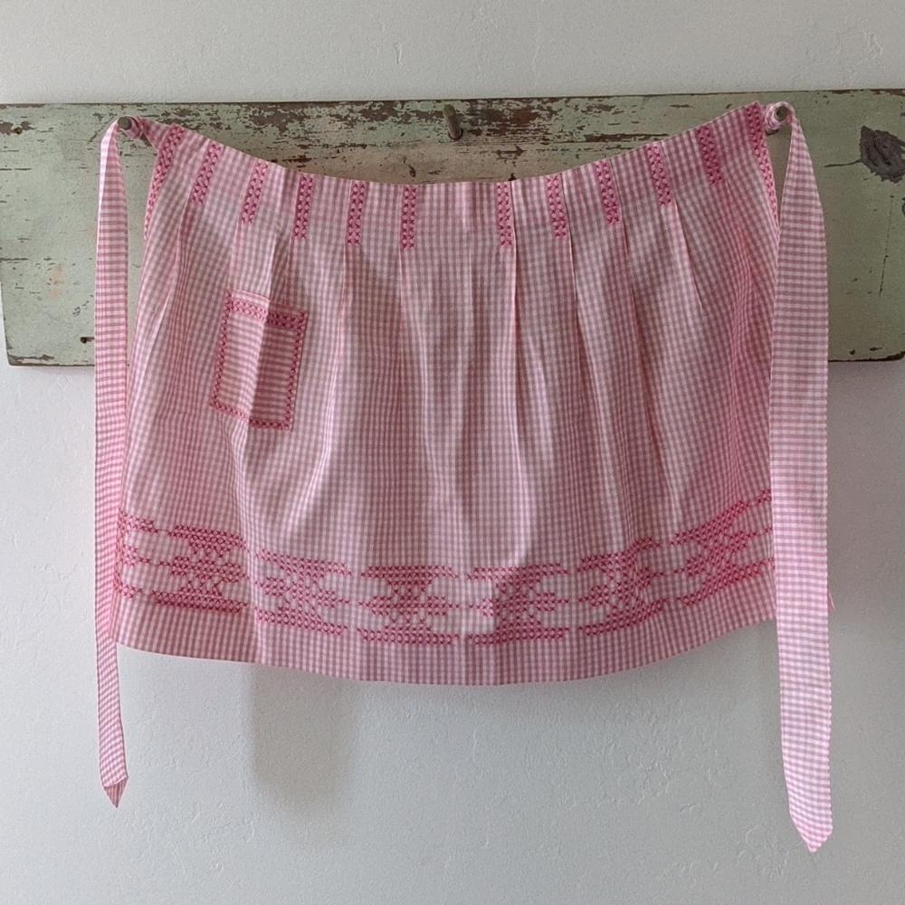 Vintage Pink and White Checked Gingham Half Apron